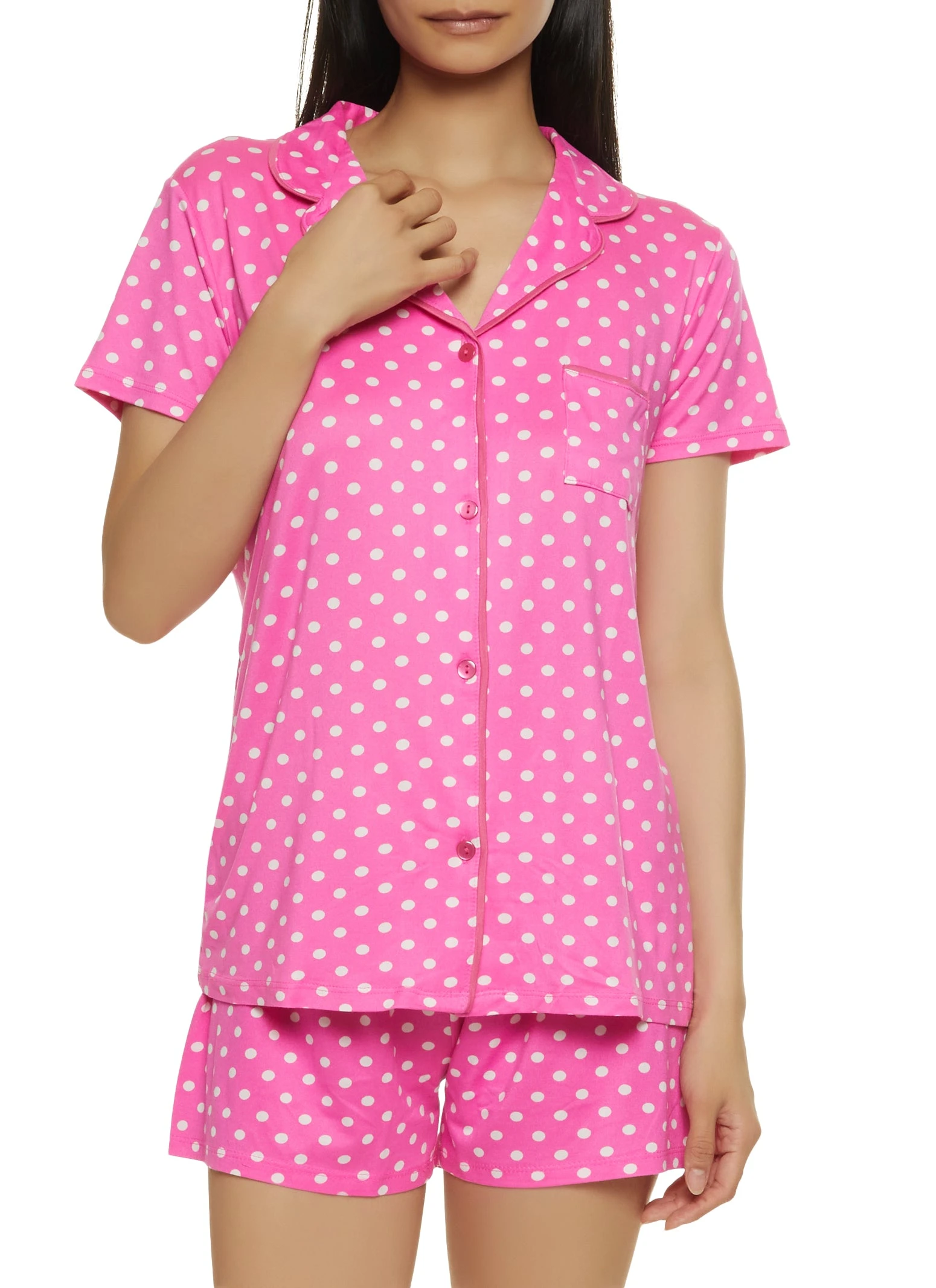 Polka Dot Print Notch Collar Pajama Shirt And Shorts