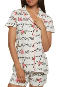 Love Print Pajama Shirt And Shorts
