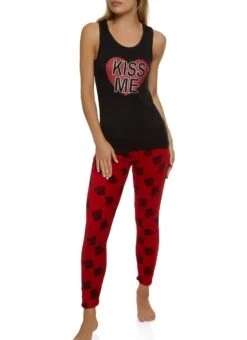Kiss Me Graphic Pajama Tank Top And Plush Pants