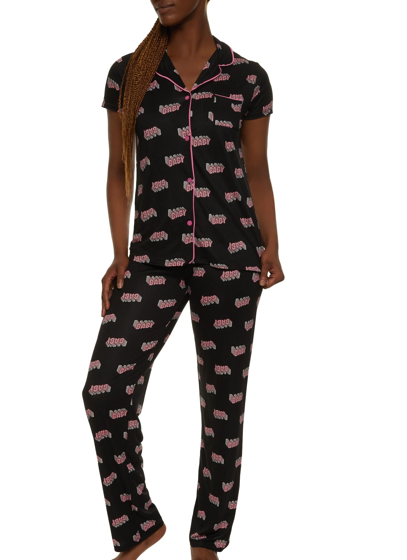 Baby Print Notch Collar Pajama Shirt And Pants