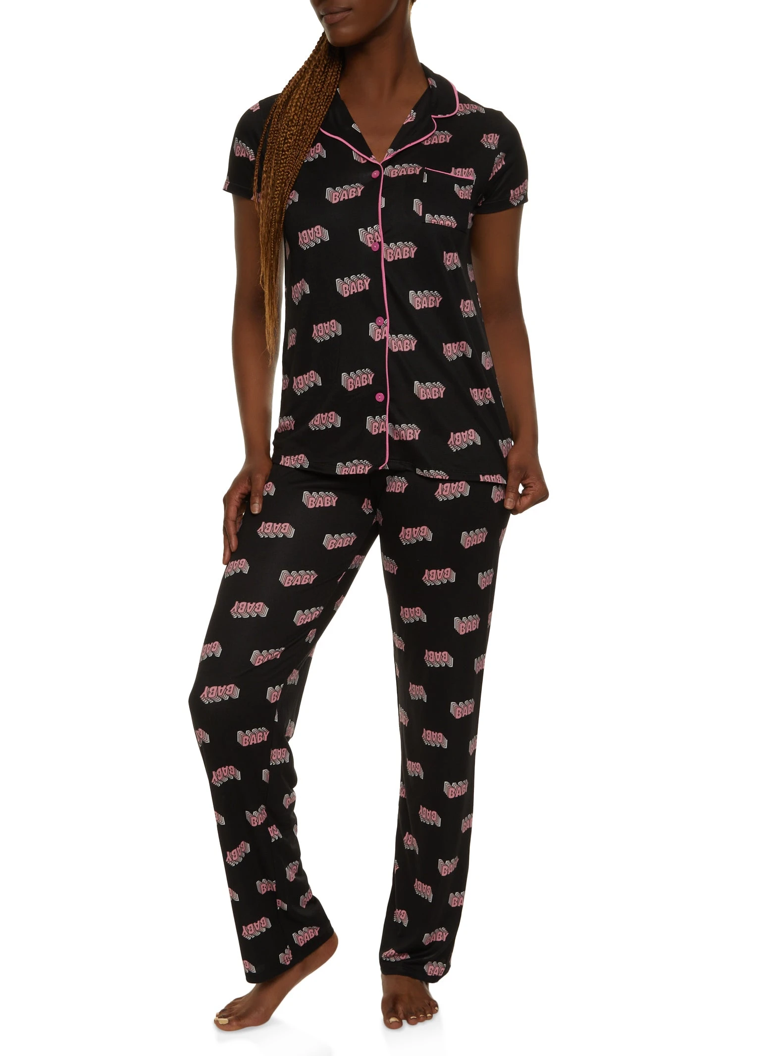 Baby Print Notch Collar Pajama Shirt And Pants - Image 2