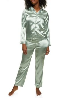 Satin Long Sleeve Button Down Pajama Shirt And Pants
