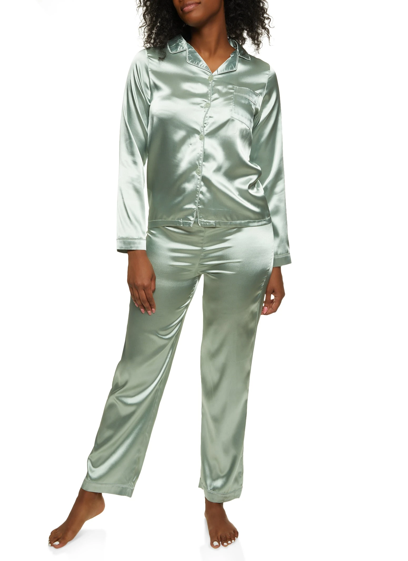 Satin Long Sleeve Button Down Pajama Shirt And Pants