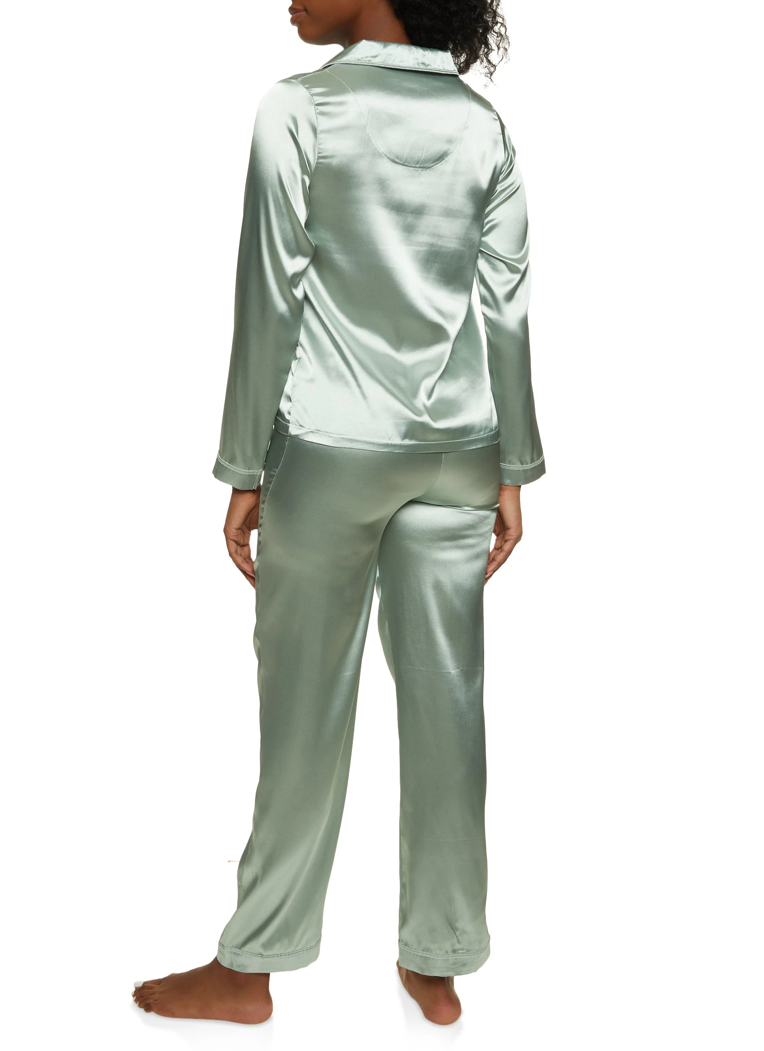 Satin Long Sleeve Button Down Pajama Shirt And Pants - Image 2