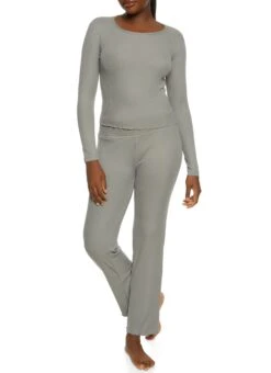 Solid Ribbed Knit Lettuce Edge Pajama Top And Pants