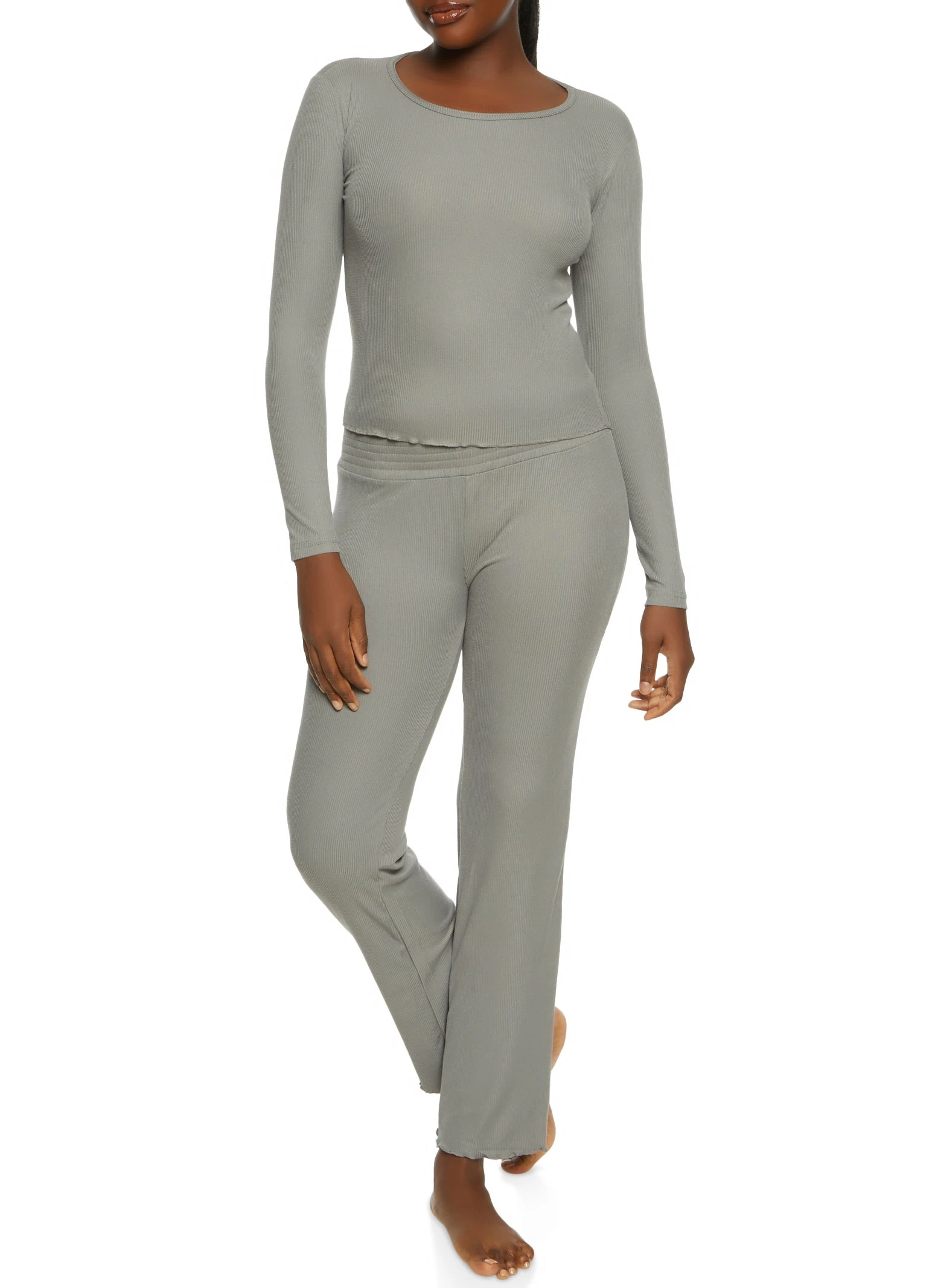 Solid Ribbed Knit Lettuce Edge Pajama Top And Pants