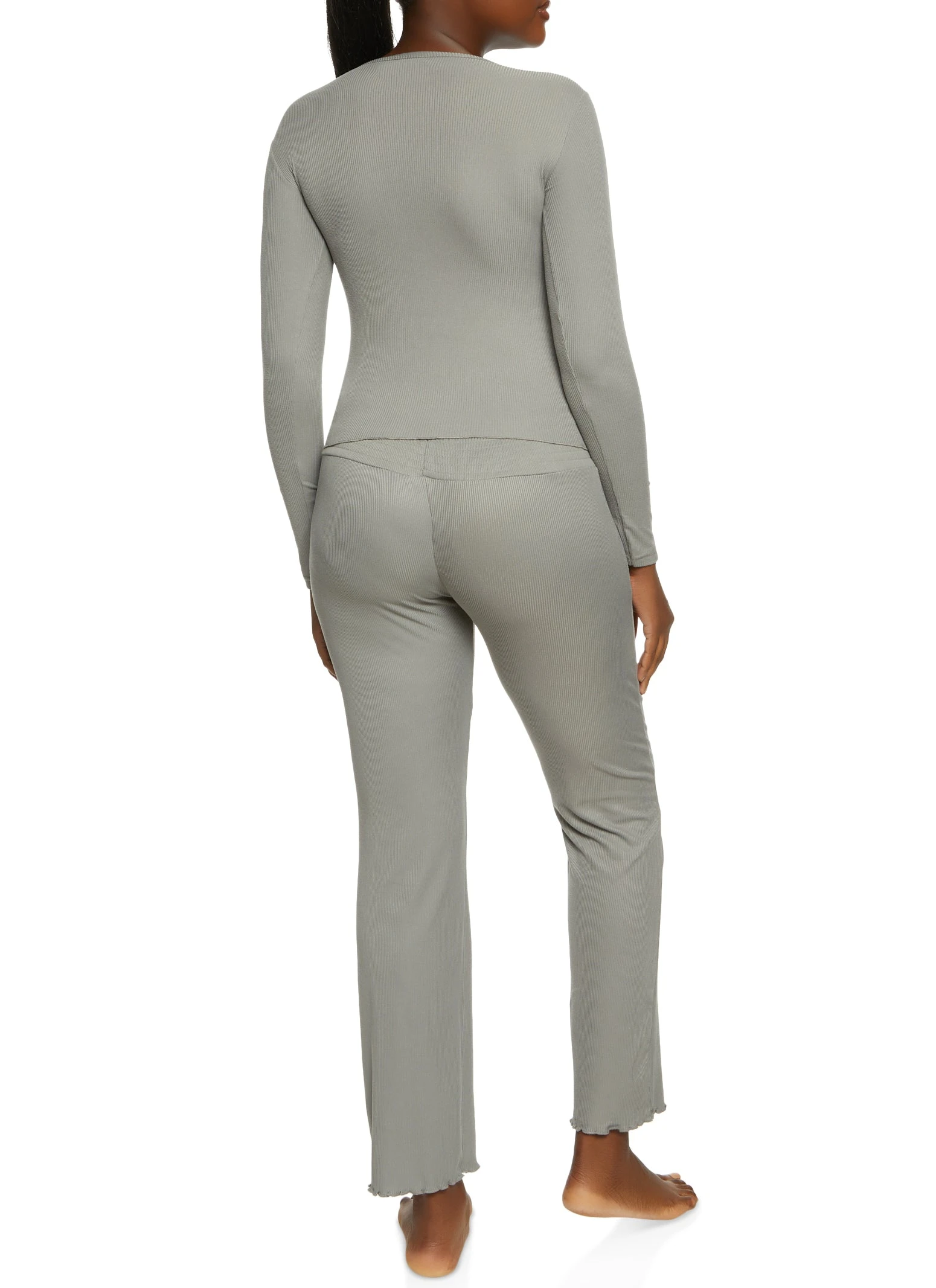 Solid Ribbed Knit Lettuce Edge Pajama Top And Pants - Image 2