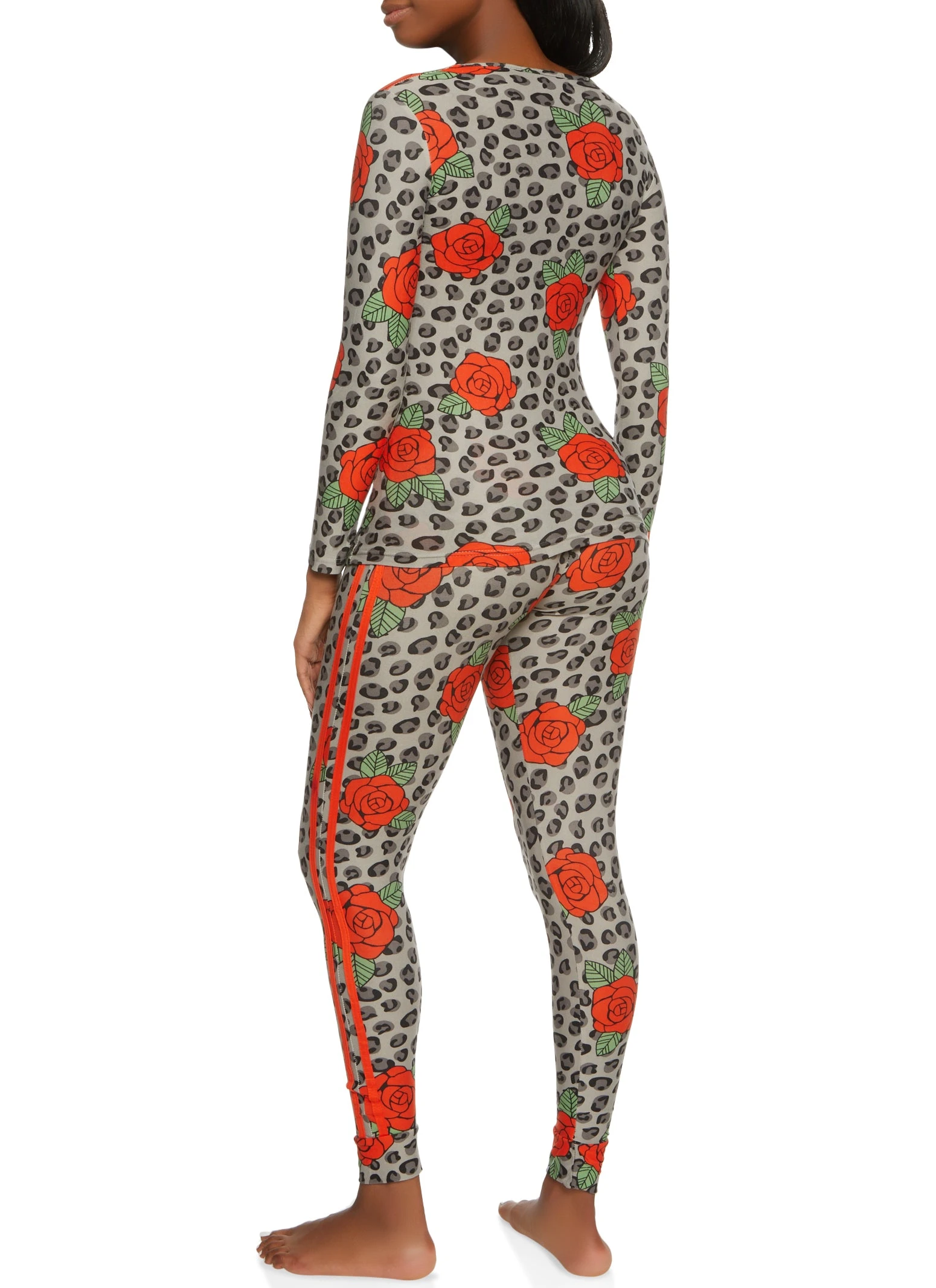 Leopard Floral Print Long Sleeve Pajama Top And Pants - Image 2