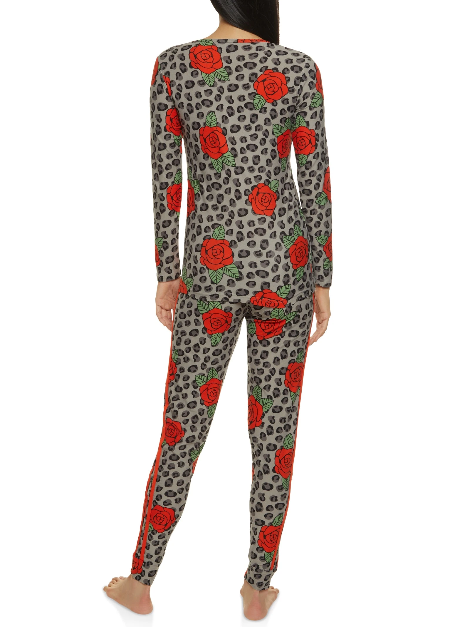 Leopard Floral Print Long Sleeve Pajama Top And Pants - Image 3