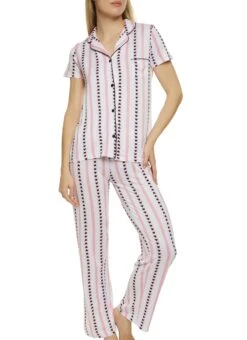 Striped Heart Print Notch Collar Pajama Shirt And Pants