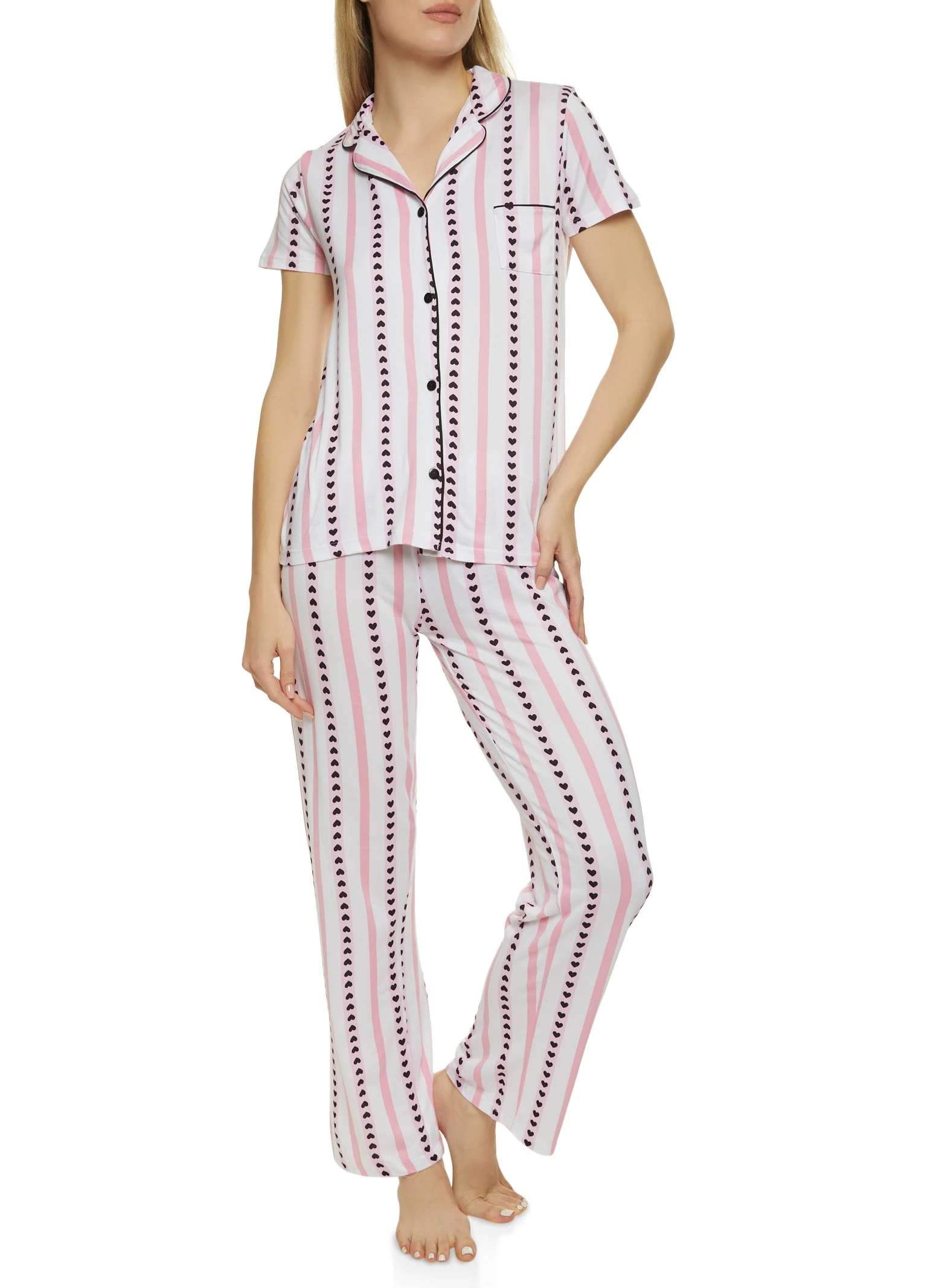 Striped Heart Print Notch Collar Pajama Shirt And Pants - Image 2