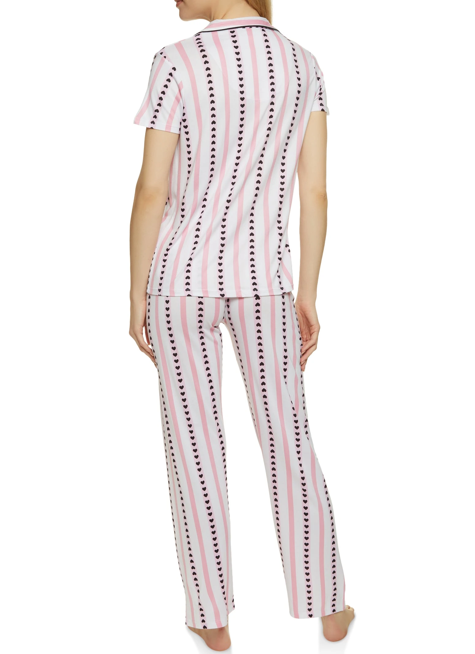 Striped Heart Print Notch Collar Pajama Shirt And Pants - Image 3