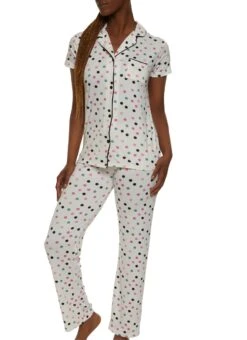 Polka Dot Patterned Notch Collar Pajama Shirt And Pants
