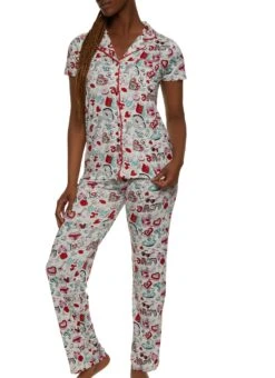 Love Doodle Print Pajama Shirt And Pants