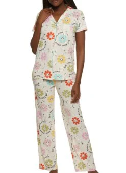Graphic Print Notch Collar Pajama Top And Pants