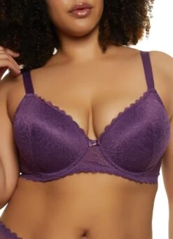 Plus Size Floral Lace Push Up Plunge Bra