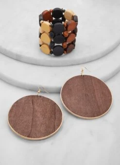 Wooden Circular Drop Earrings And Stretch Bracelet
