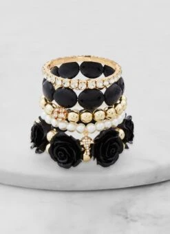 Set Of 5 Rose Rhinestone Beaded Stretch Bracelets