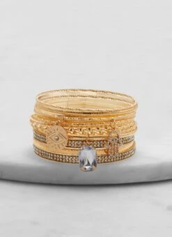 Set Of 13 Assorted Metallic Charm Bangles