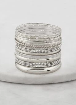 Set Of 15 Rhinestone Metallic Textured Bangles