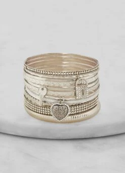 Set Of 11 Rhinestone Key Lock Heart Charm Metallic Bangles
