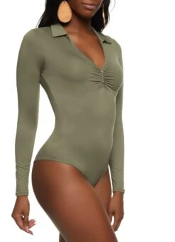 Ambiance Faux Button Ruched Front Collar Bodysuit