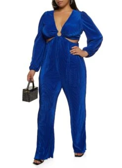 Plus Size Plisse Cut Out Plunge Jumpsuit