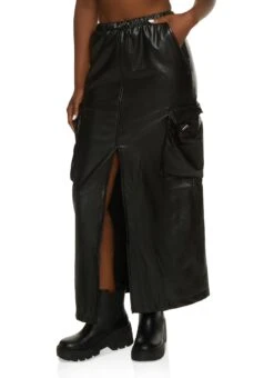 Faux Leather Toggle Drawstring Cargo Skirt