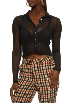 Mesh Button Down Cropped Shirt