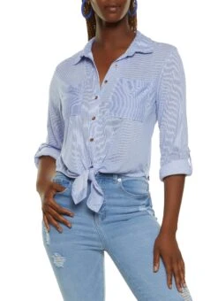 Button Front Tabbed Sleeve Tie Front Shirt