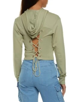 Lace Up Back Pullover Cropped Hoodie