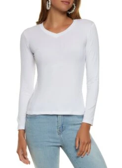 Solid Long Sleeve V Neck Top