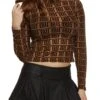 Geometric Print Mesh Long Sleeve Crop Top