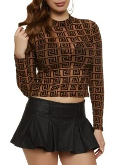 Geometric Print Mesh Long Sleeve Crop Top