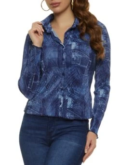 Patterned Pleated Button Down Shirt