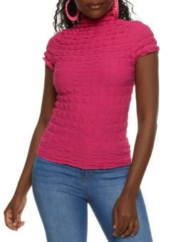 Solid Bubble Knit Mock Neck Top