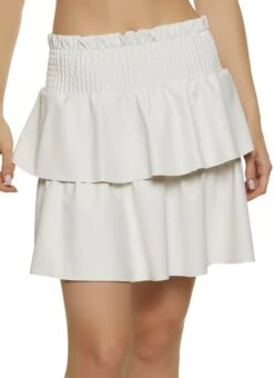 Faux Leather Smocked Waist Layered Skirt