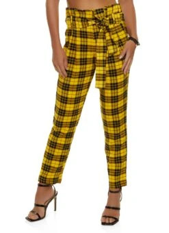 Paper Bag Tie Waist Plaid Print Pants