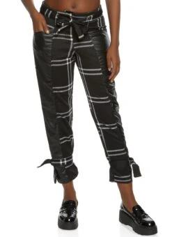 Faux Leather Detail Tie Ankle Pants