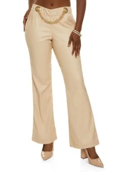 Faux Leather Chain Detail Flared Pants