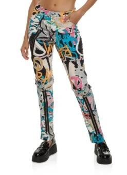 Zipper Detail Graffiti Print Pants
