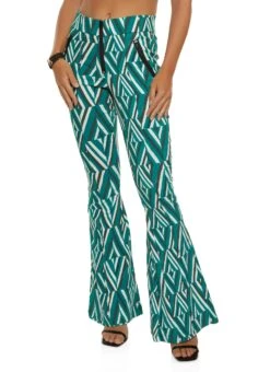 Patterned Zip Trim Pintuck Flared Pants