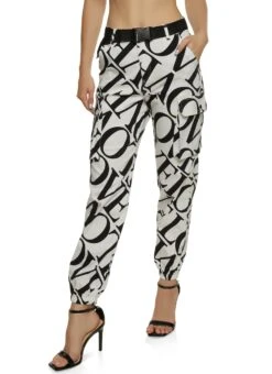 Mixed Print Belted Cargo Joggers
