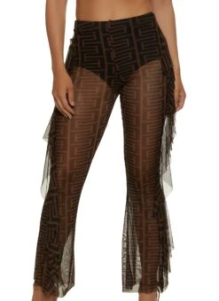 Geo Print Mesh Mesh Ruffled Leg Pants