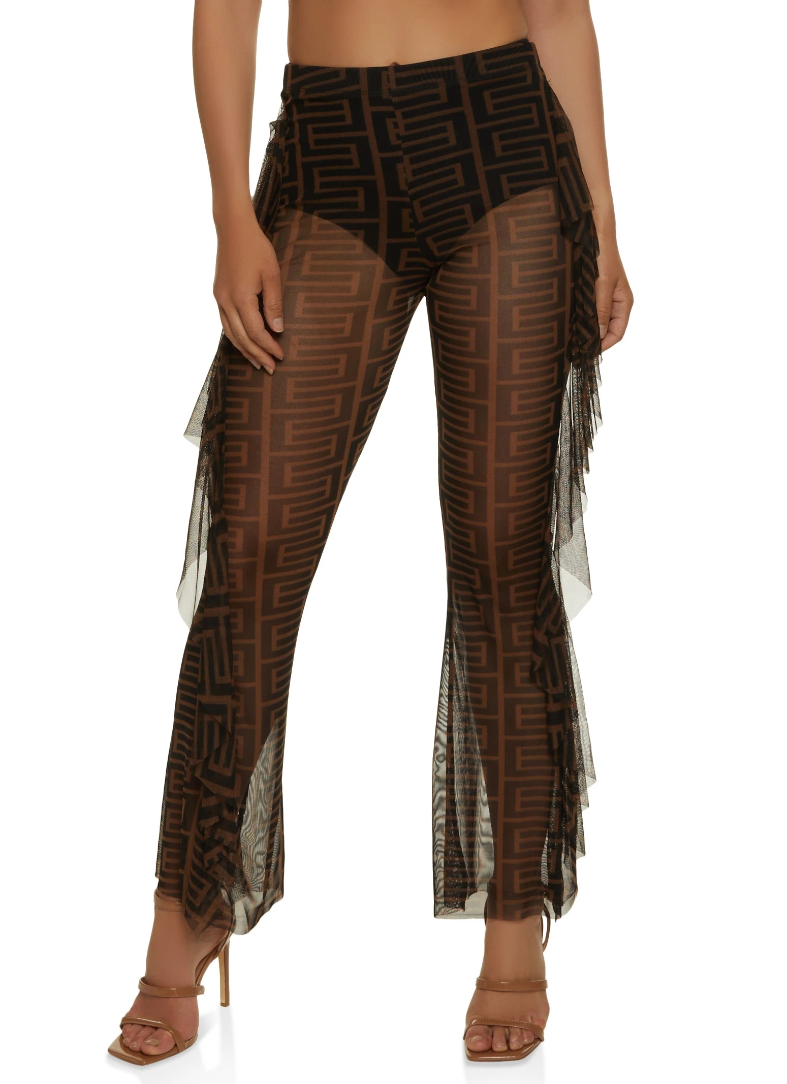 Geo Print Mesh Mesh Ruffled Leg Pants - Image 2