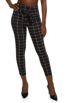 Windowpane Print Tie Front Dress Pants