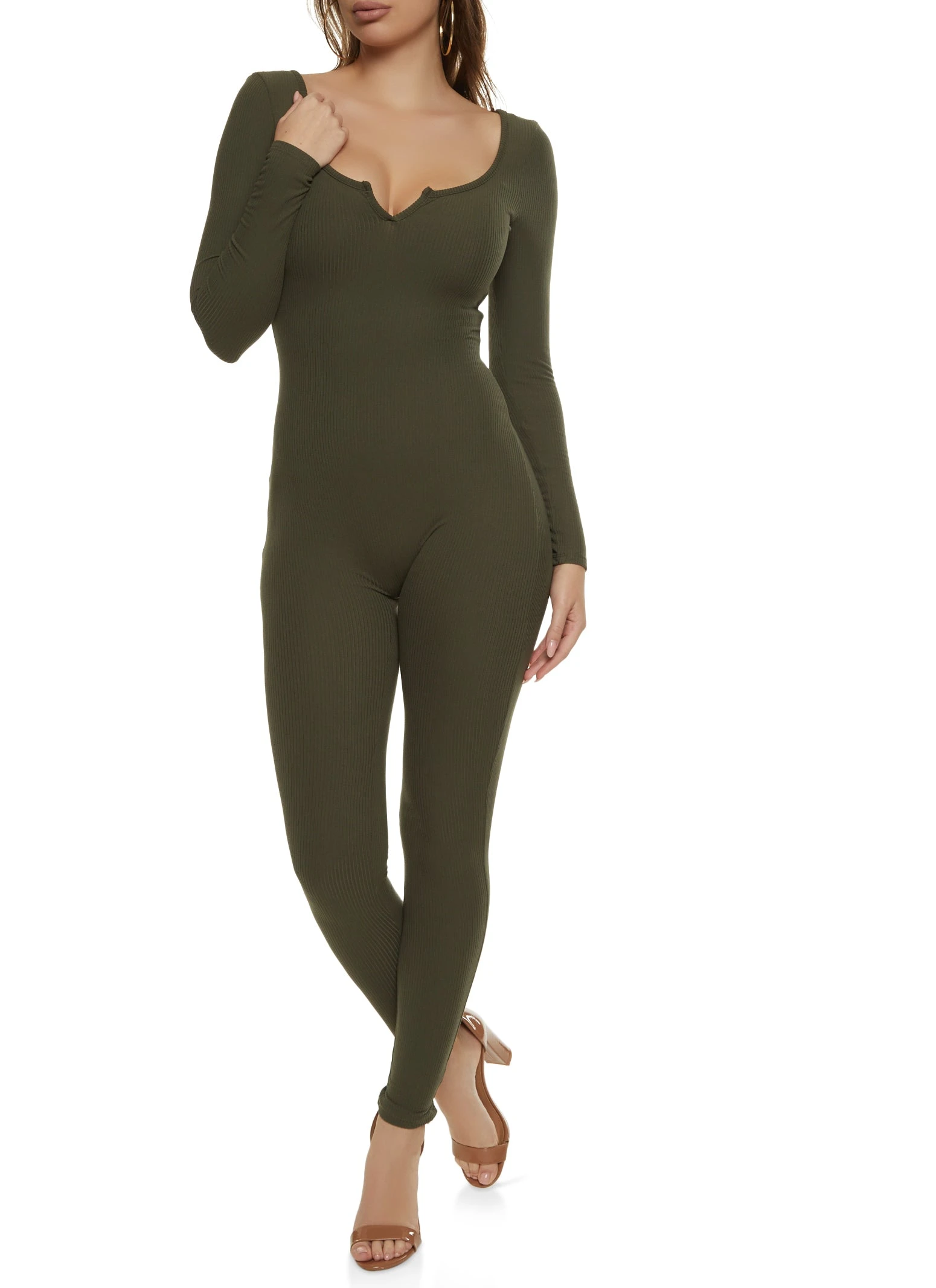Ribbed Notch Neck Open Back Jumpsuit