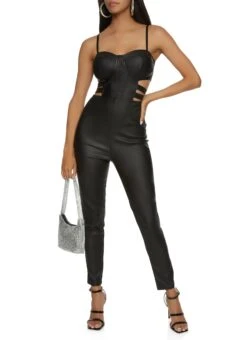 Faux Leather Cut Out Bustier Jumpsuit
