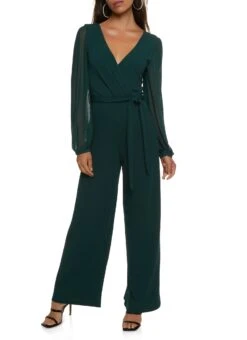 Mesh Sleeve Tie Waist Wrap Jumpsuit