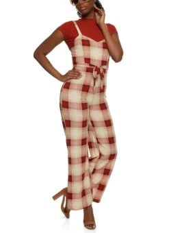 Plaid Tie Waist Jumpsuit And Mock Neck Top